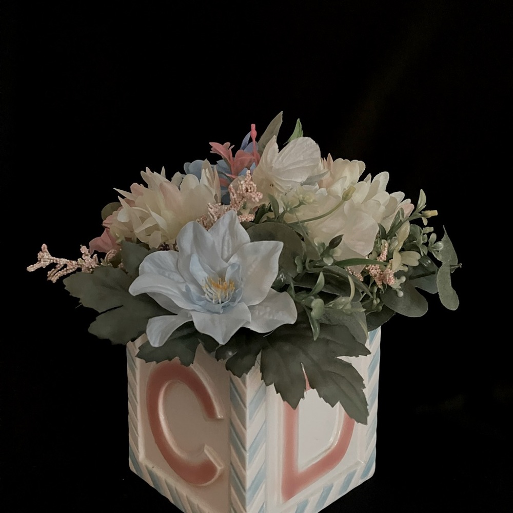 Baby block vintage ceramic planter with removable silk flower - for boy or girl